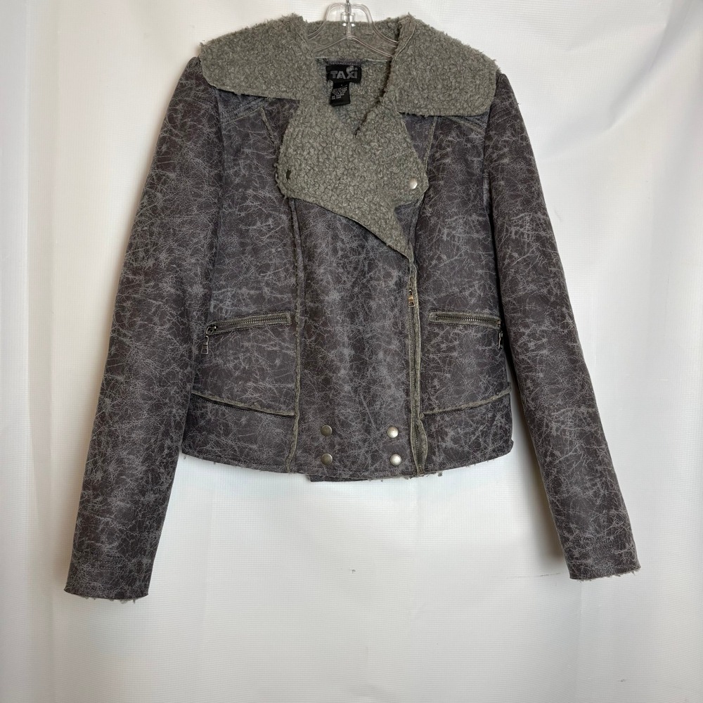2010s Womens Gray Distressed Faux Shearling Moto Jacket Large Asymmetric Zip